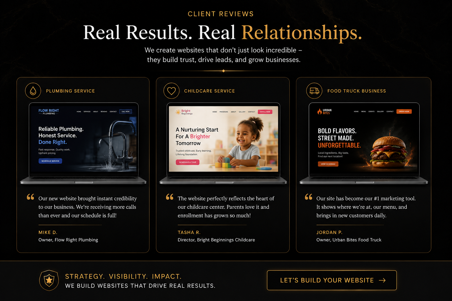 Client reviews — Real Results. Real Relationships. Featuring Flow Right Plumbing, Bright Beginnings Childcare, and Urban Bites Food Truck.